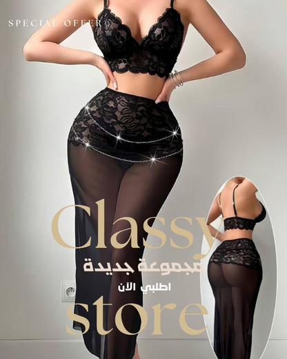 طقم لانجري نسائي قطعتين من التول بالكامل بتصميم دانتيل أنيق كود