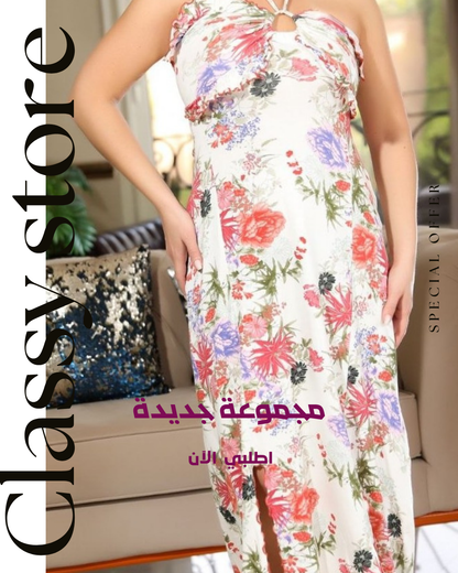 فستان سهرة منزلي صيفي بتصميم مشجر وطابع أنثوي راقٍ