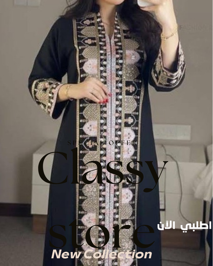 عباية كتان فرنسي مطرزة نسائية باللون الأسود الملكي من Classy Woman