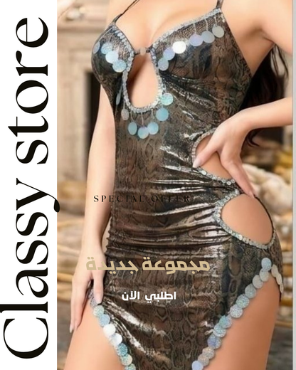 فستان لانجري نسائي طويل من جلد الديسكو بتصميم المليمات