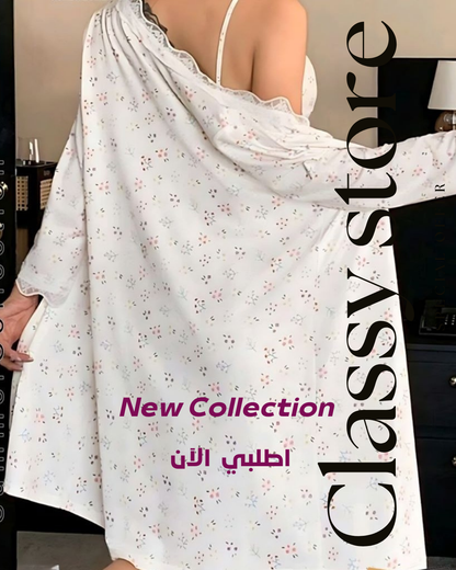 طقم نوم نسائي صيفي قطعتين بتصميم مشجر وتفاصيل دانتيل رقيقة
