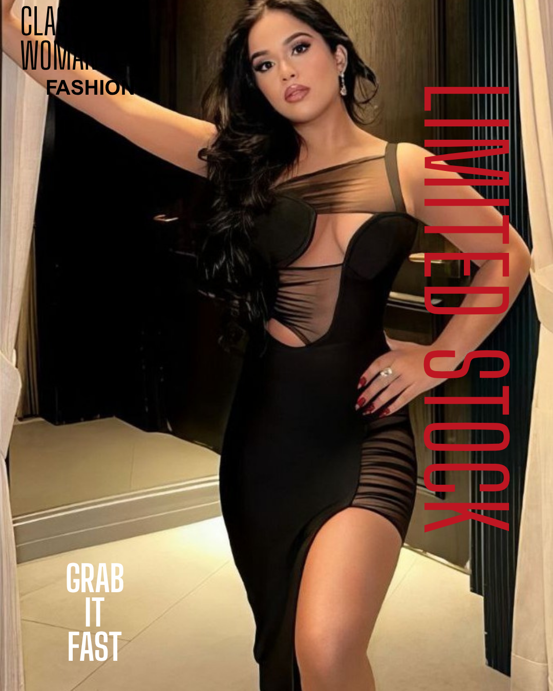 لانجري حريمي أسود بتصميم ميدي مع تفاصيل شبك شفاف موديل Lavera 1202 من Classy Woman.