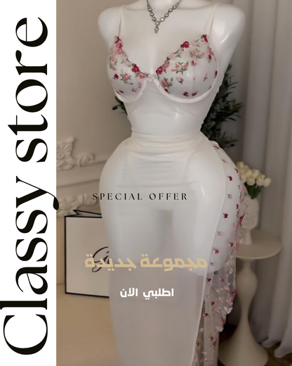 فستان لانجري نسائي شبكي شفاف مطرز بالورد مع قطعتين