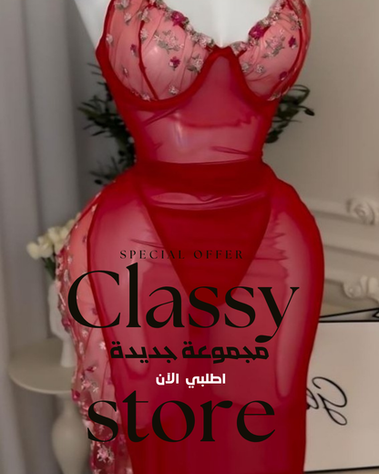 فستان لانجري نسائي شبكي شفاف مطرز بالورد مع قطعتين