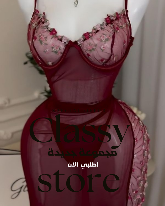فستان لانجري نسائي شبكي شفاف مطرز بالورد مع قطعتين