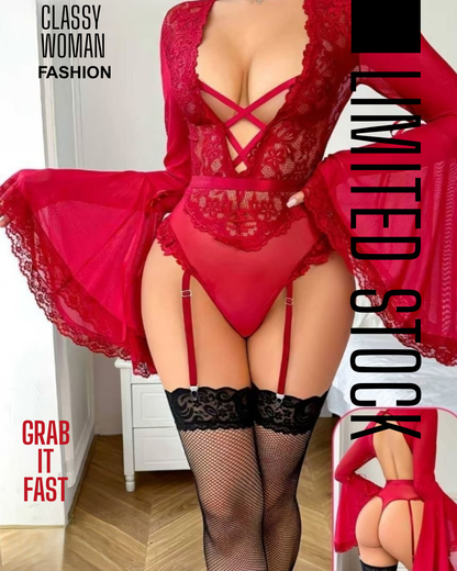 طقم لانجري "إثارة القرمزي" – أناقة الشيفون والتل الجريئة